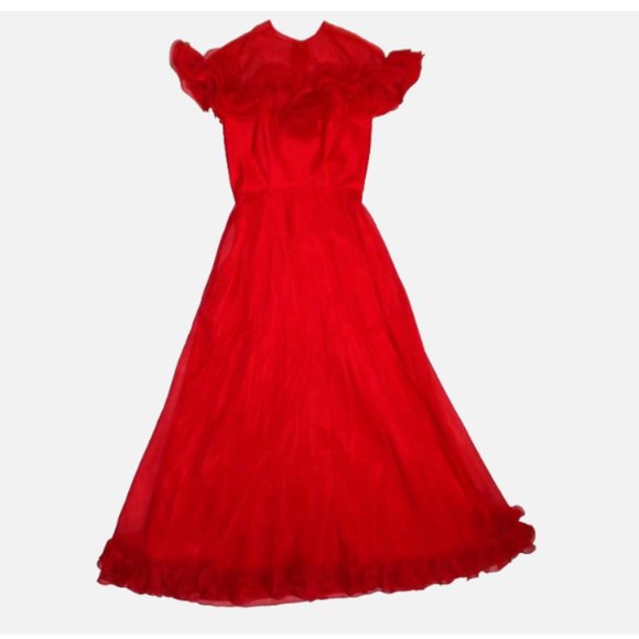 Vintage Red Maxi Dress Southern Bell Sheer Illusion Swiss Sheer Ruffles Size 8 - Picture 6 of 15